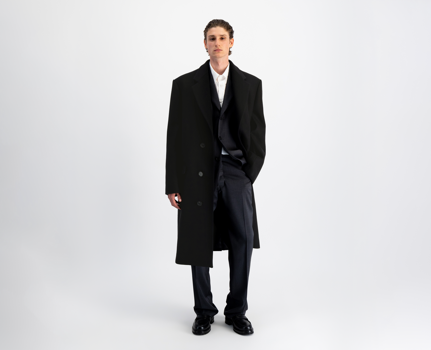 Manteau long en laine pour homme, noir