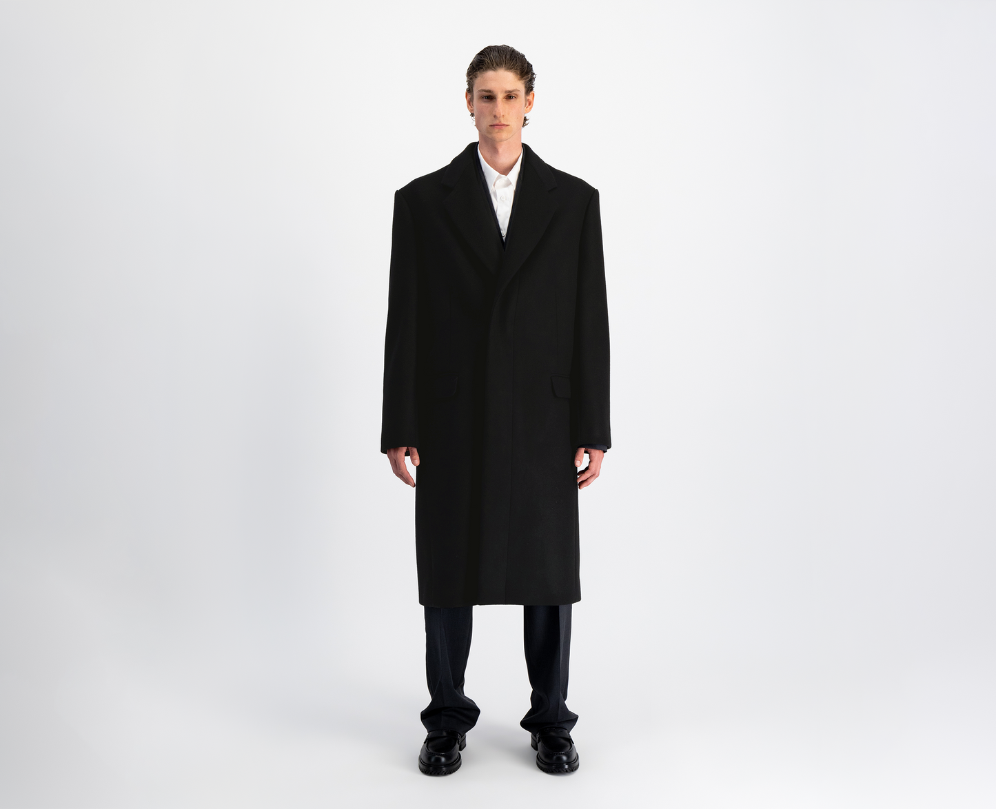 Manteau long en laine pour homme, noir