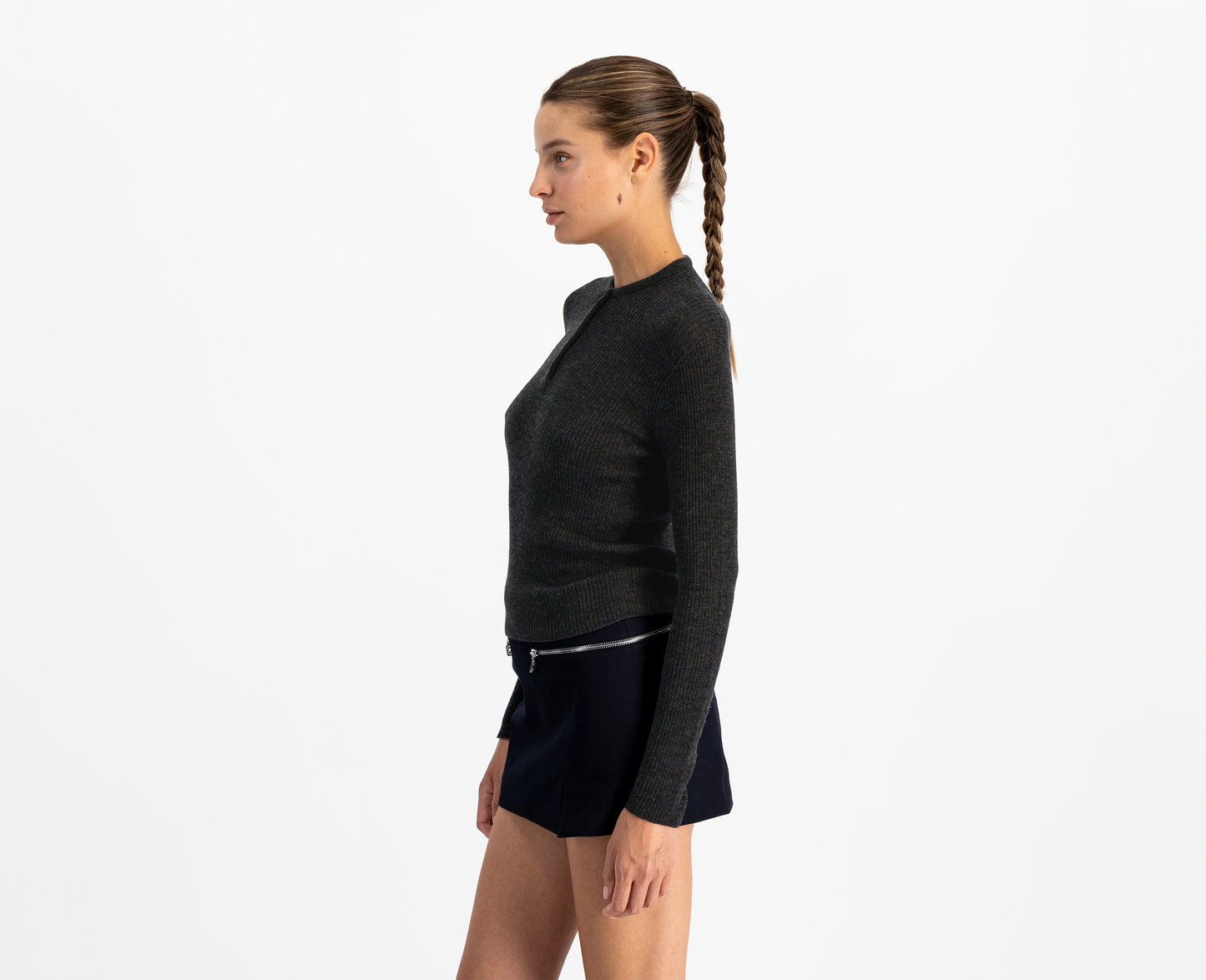 Women's merino/silk henley top, anthracite