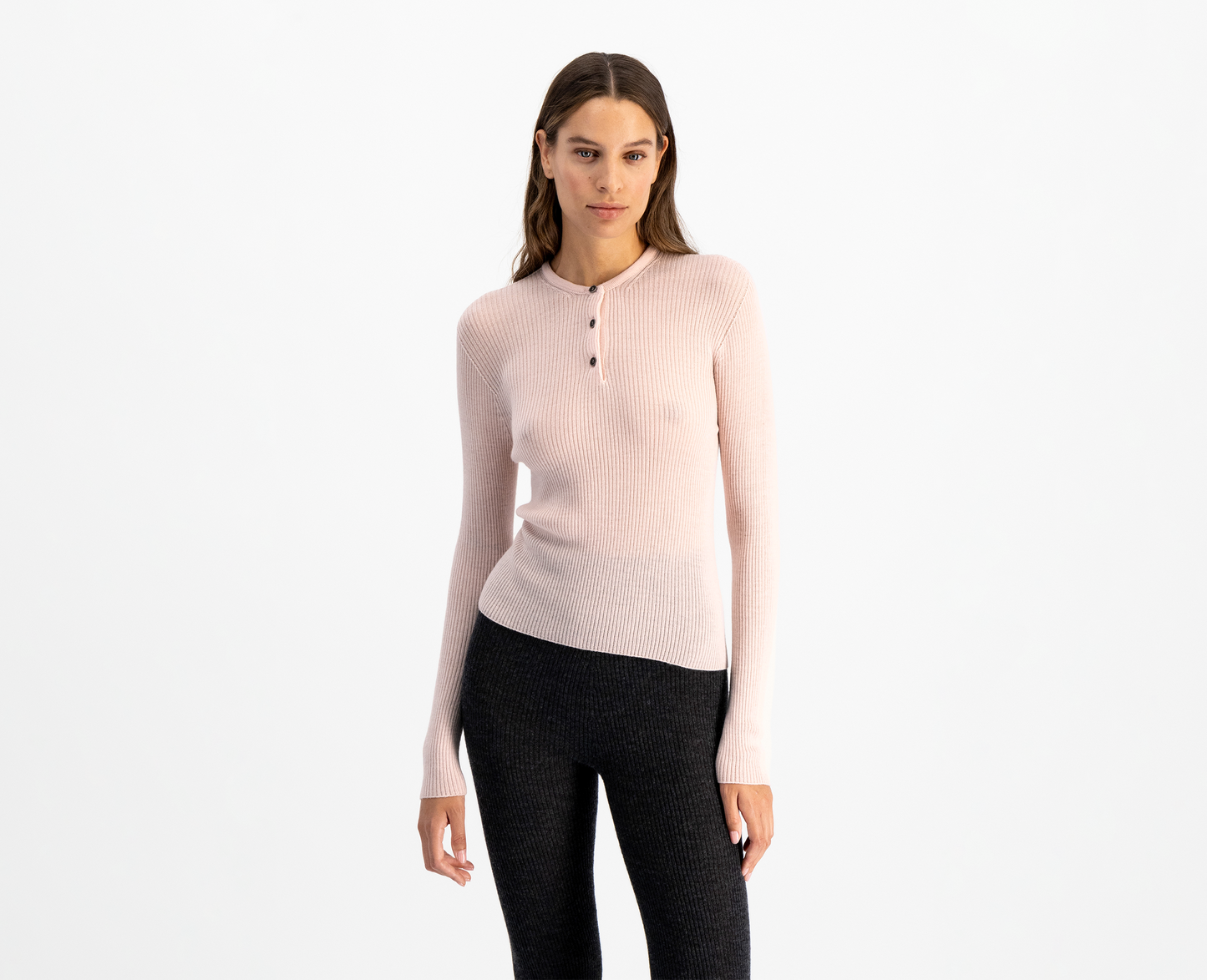 Women's merino/silk henley top, rose