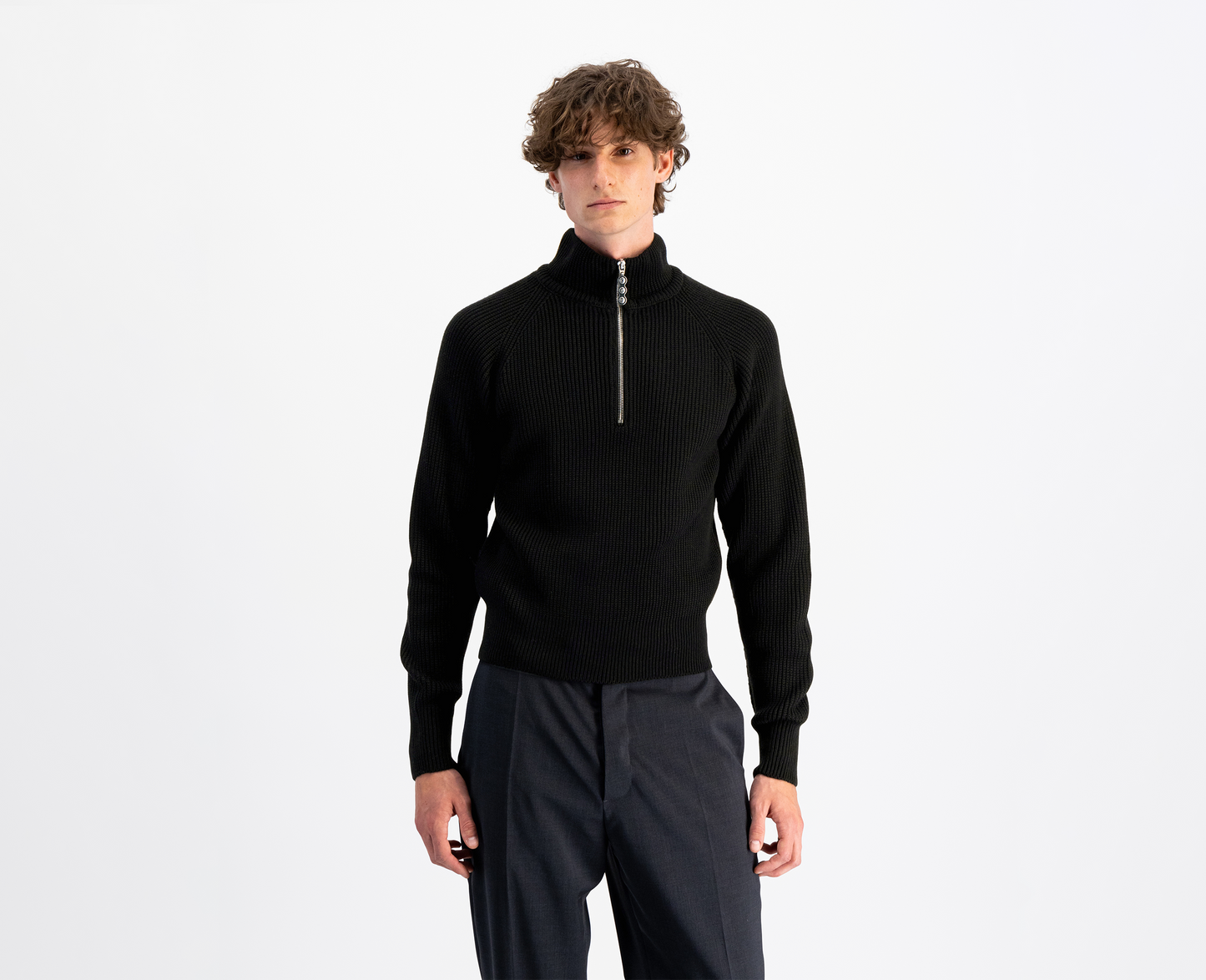 Pull en laine mérinos à demi-zip pour hommes, noir