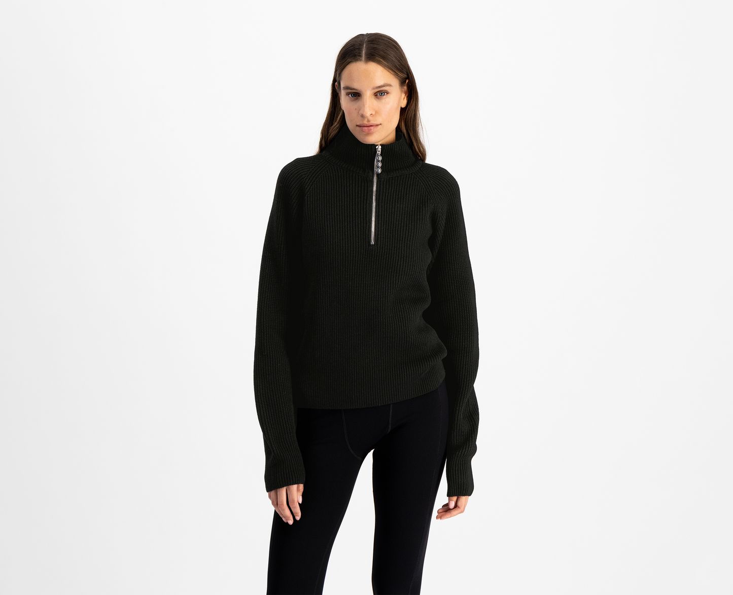 Pull à demi-zip en laine mérinos pour femmes, noir