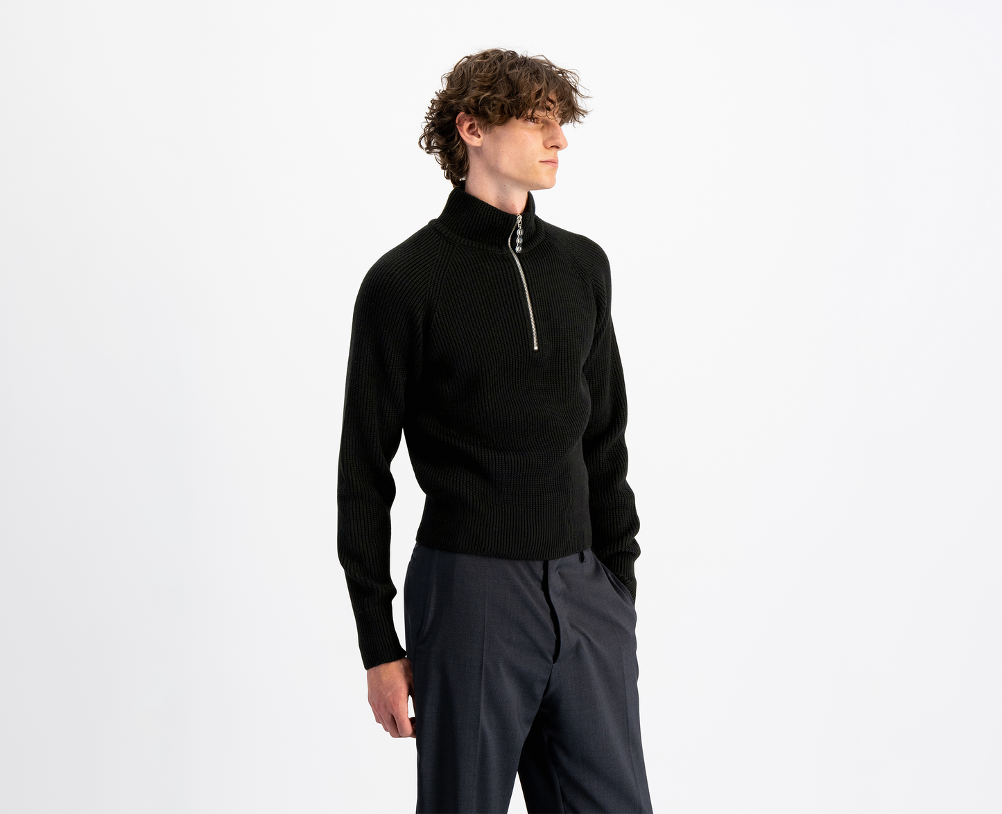 Pullover da uomo con mezza zip in lana merino, nero