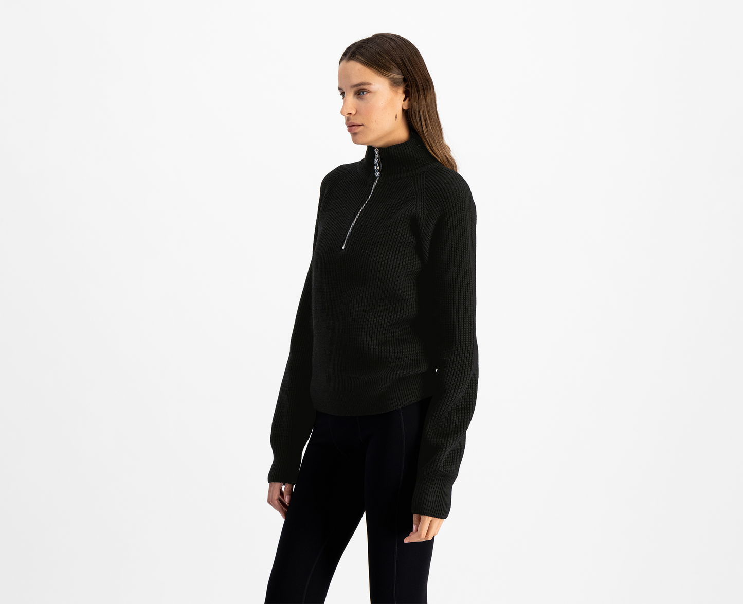 Pull à demi-zip en laine mérinos pour femmes, noir