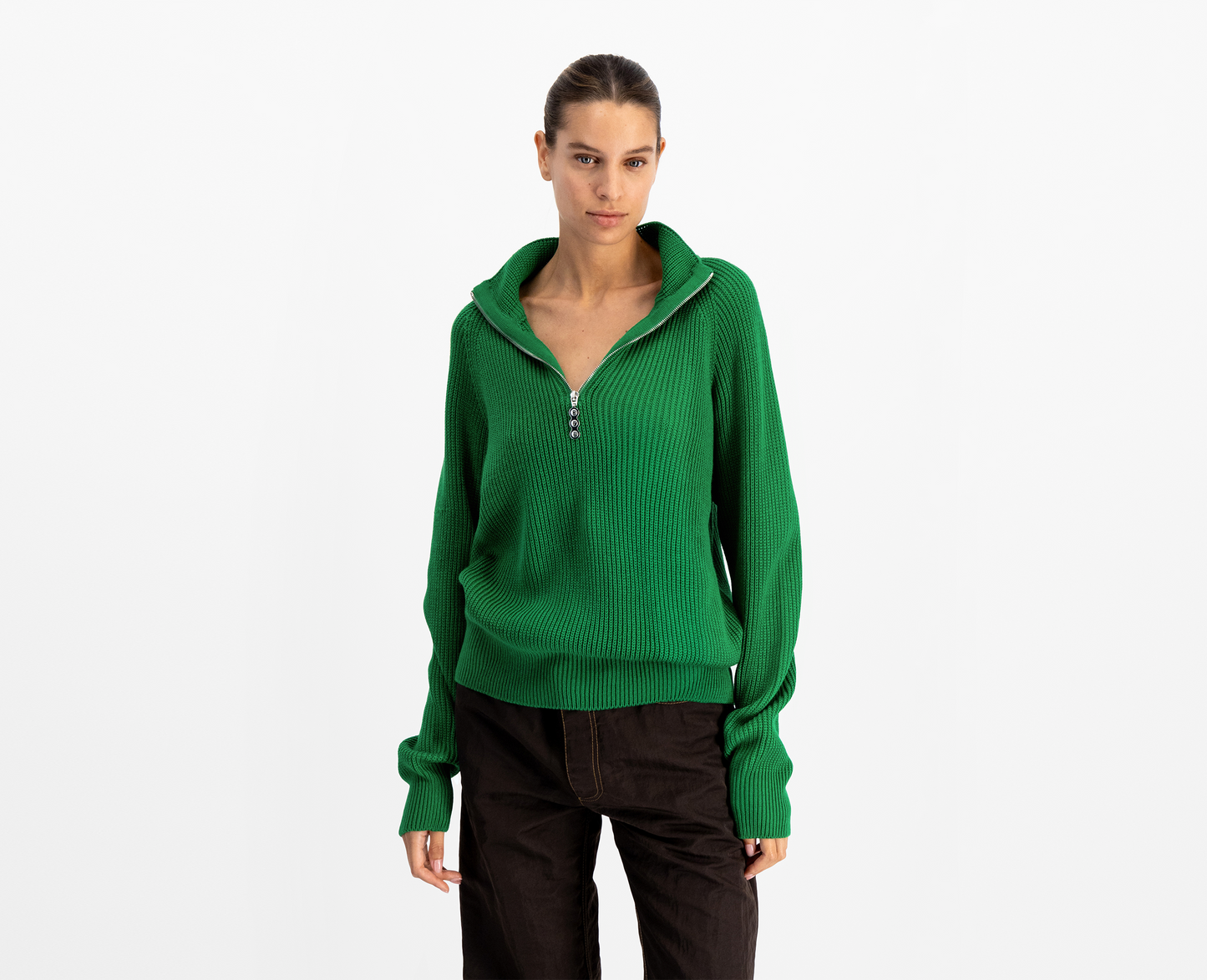 Pullover da donna con mezza zip in lana merino, verde