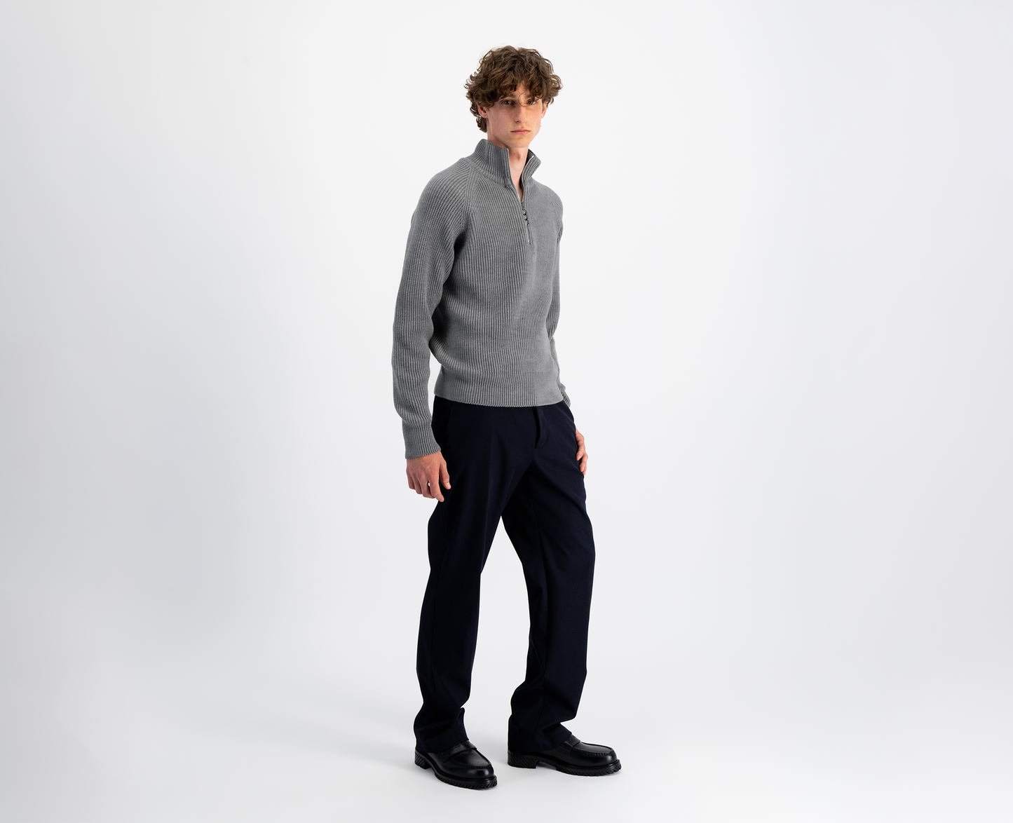 Pull en laine mérinos à demi-zip pour hommes, gris