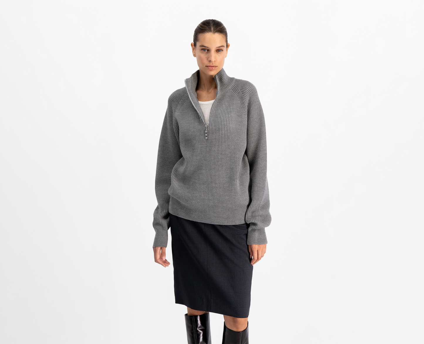 Pullover da donna con mezza zip in lana merino, grigio