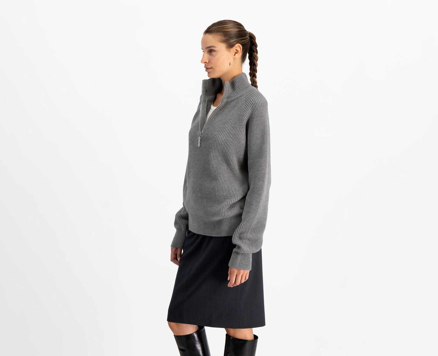 Pull à demi-zip en laine mérinos pour femmes, gris