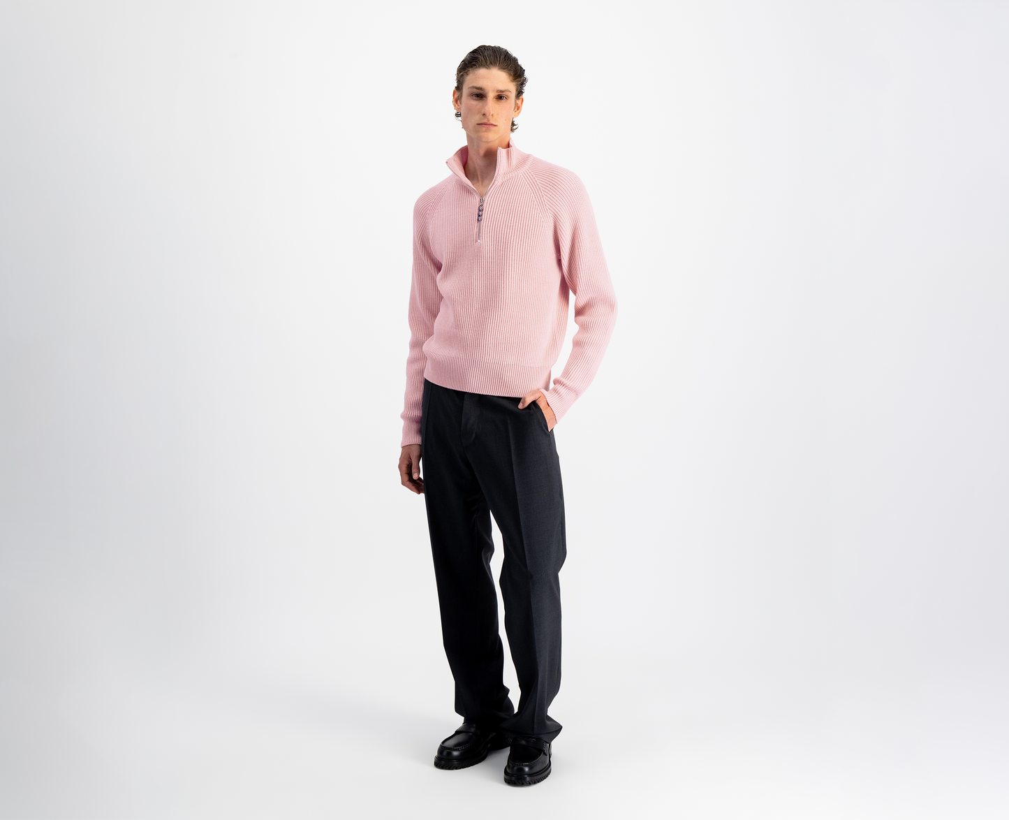 Pullover da uomo con mezza zip in lana merino, rosa