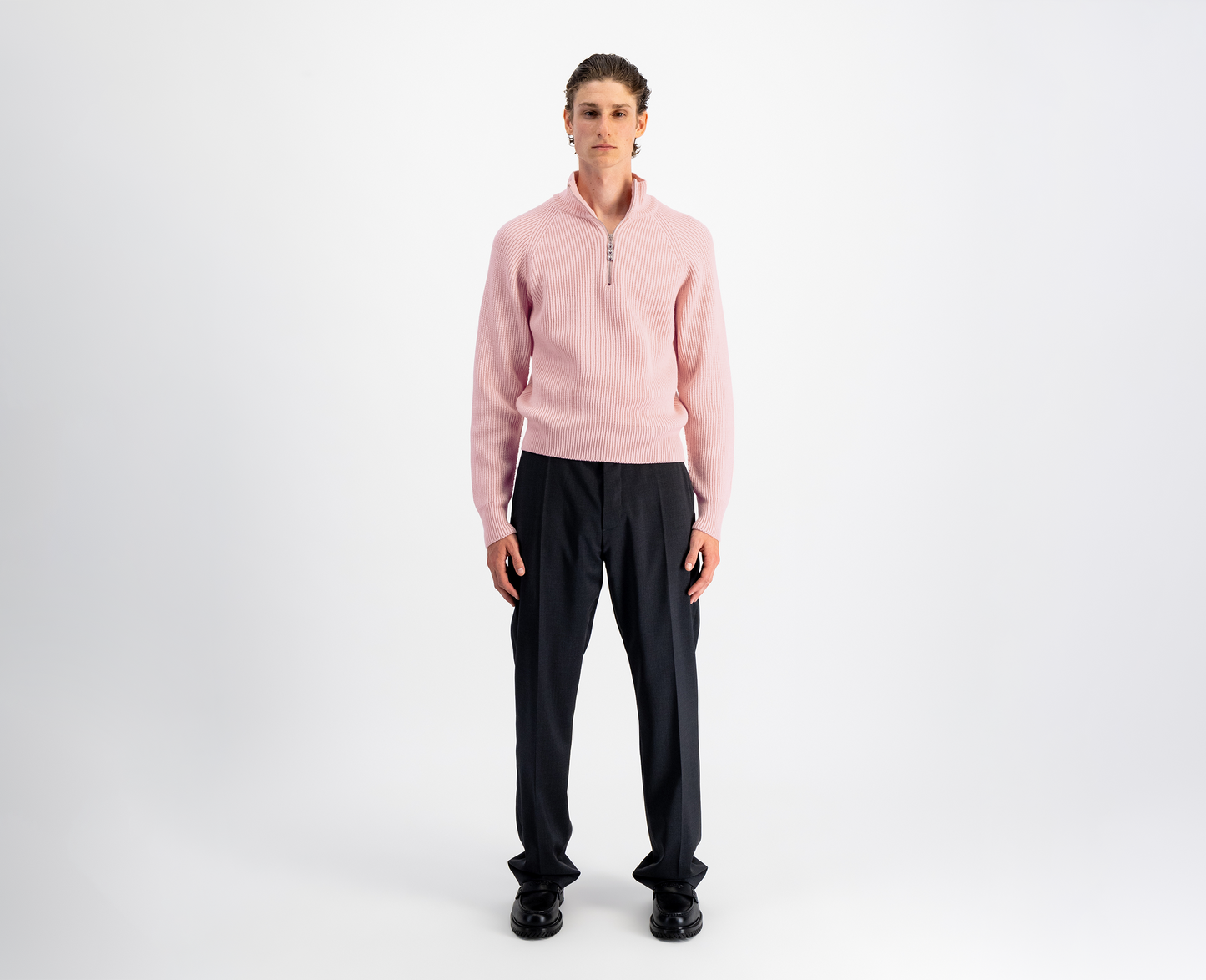 Pullover da uomo con mezza zip in lana merino, rosa