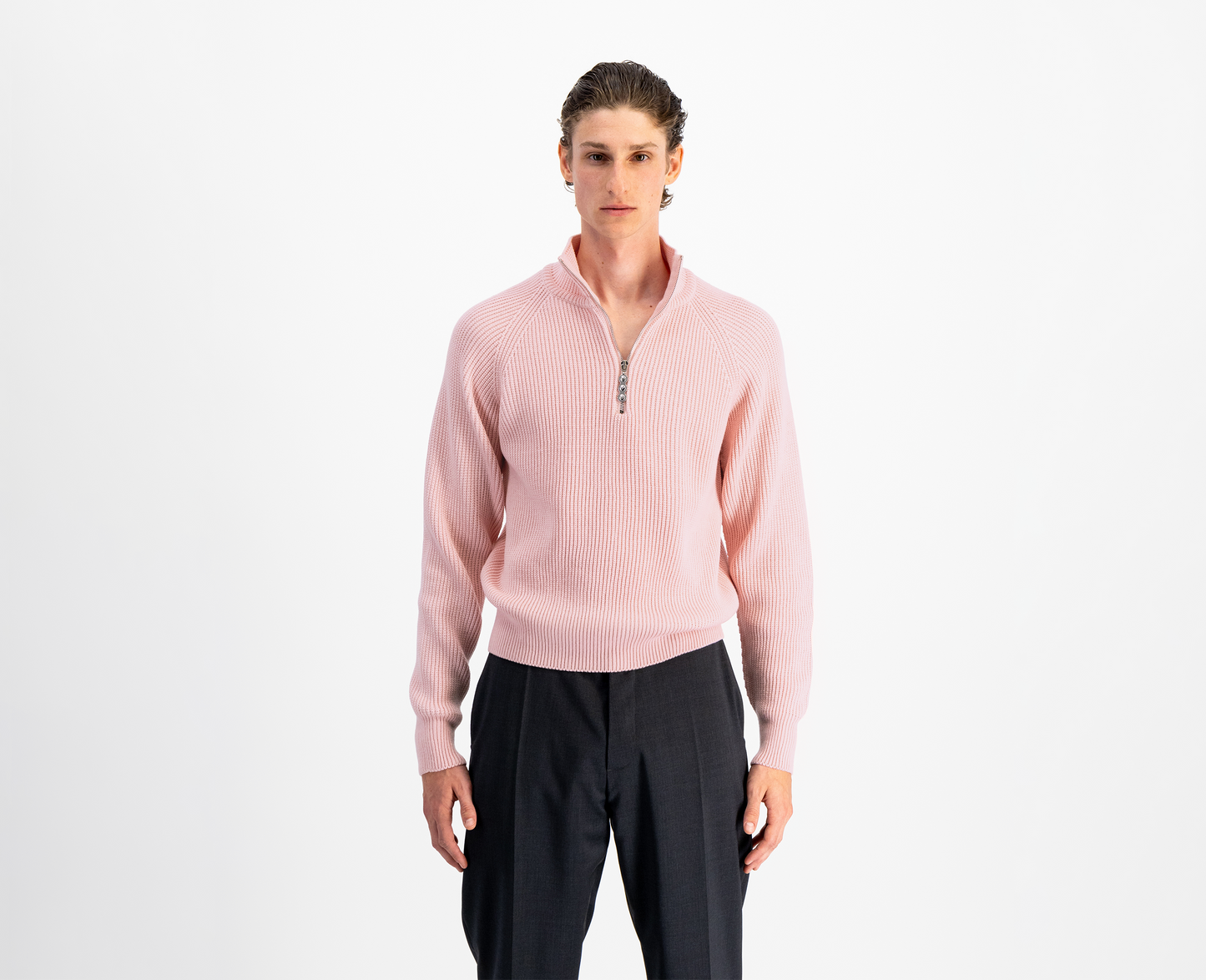 Pullover da uomo con mezza zip in lana merino, rosa