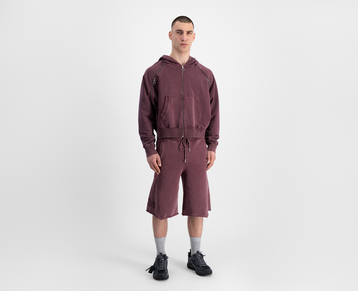 Felpa con cappuccio e zip raglan da uomo, bordeaux